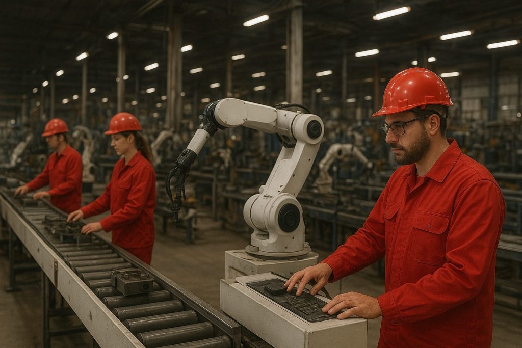 Trabalhadores em fábrica monitorando linha de produção automatizada com braço robótico.