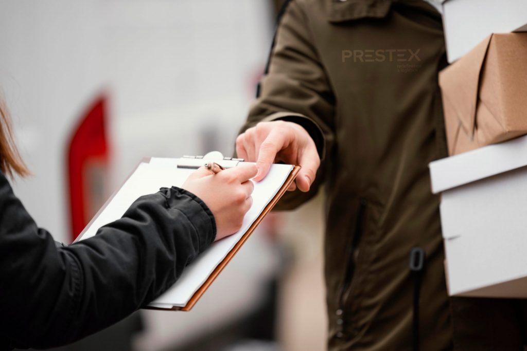 close up signing package delivery prestex