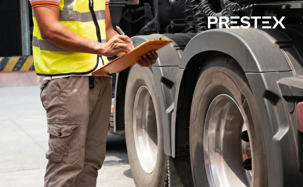close de um técnico inspecionando as rodas e os pneus traseiros de uma caminhão